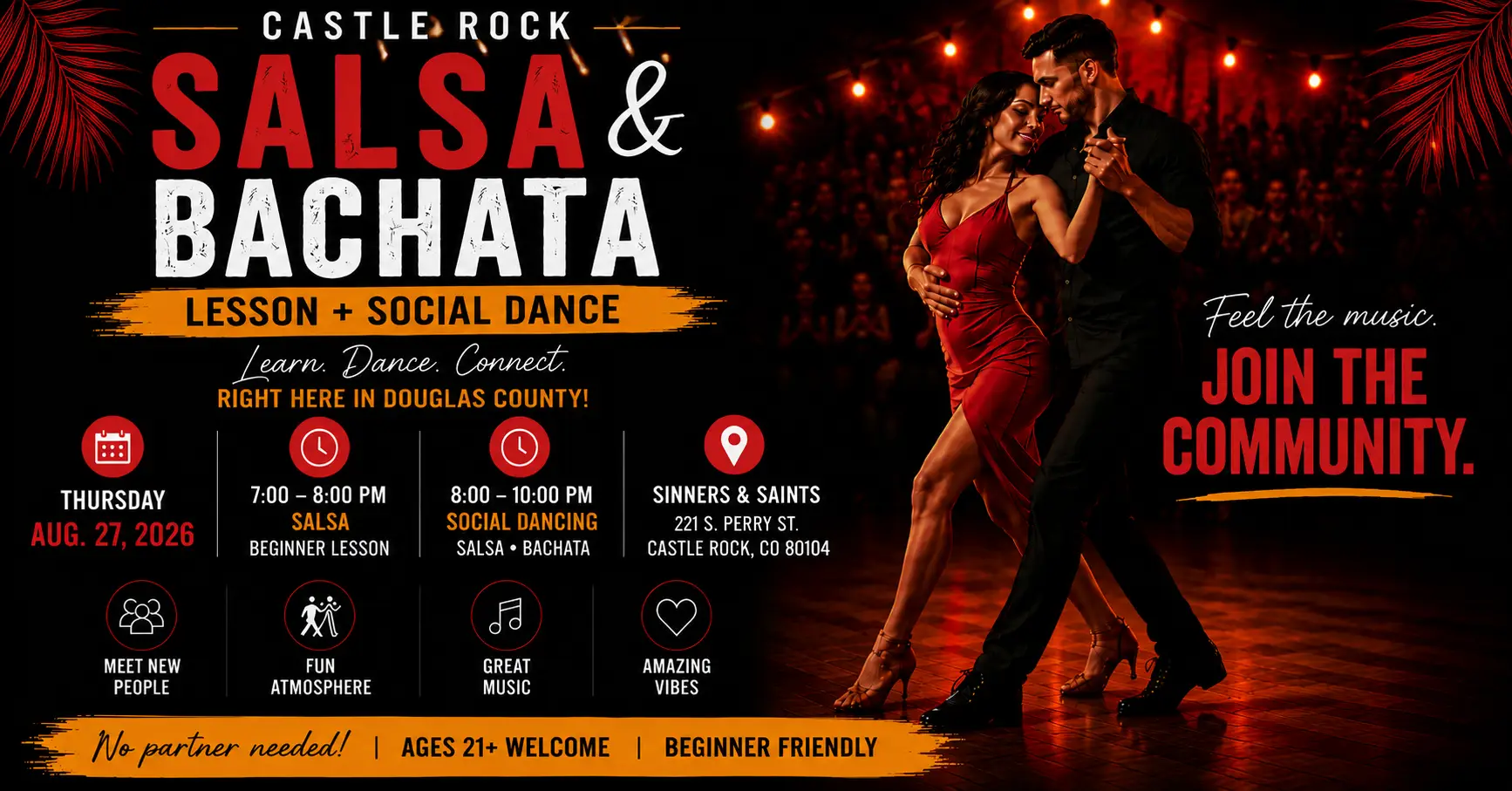 Latin Dance Night at Sinners & Saints - Salsa & Bachata lesson & dancing August 27, 2026 7-10pm