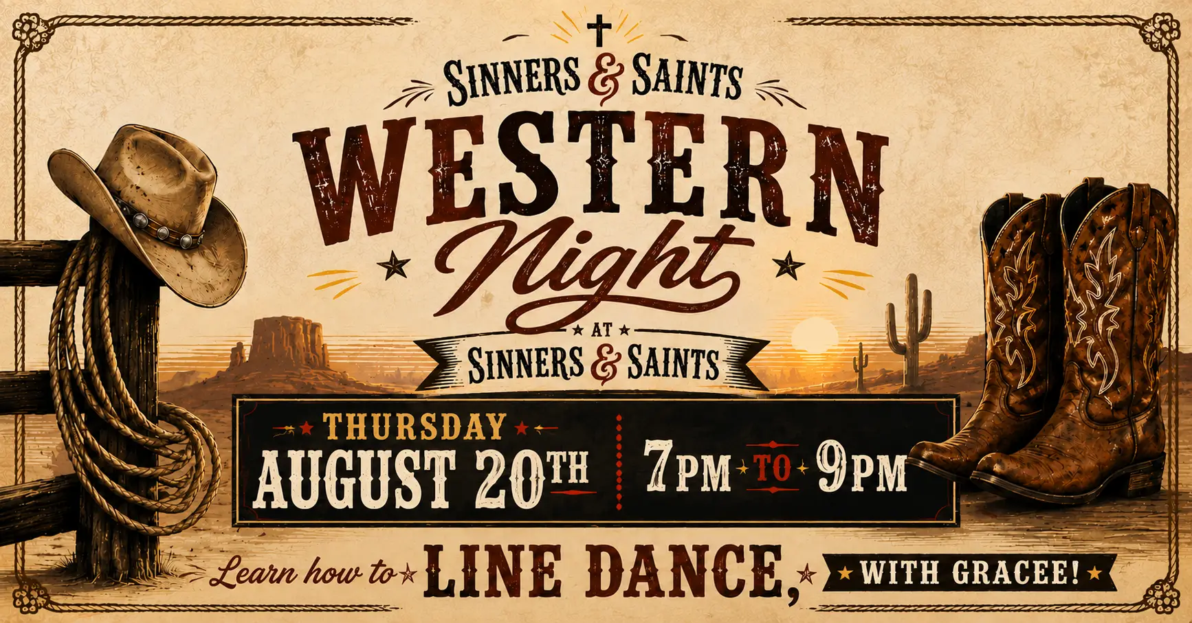 Western Line Dancing night with Gracee at Sinners & Saints Castle Rock - Aug. 20th at 7-9pm